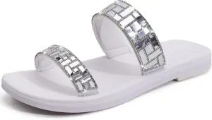ONCAI Rhinestones Slide Sandals for Women with Glittery Trendy Square Open Toe Summer Flat Sparkly Dressy Sandals with Slip-on Rubber Soles