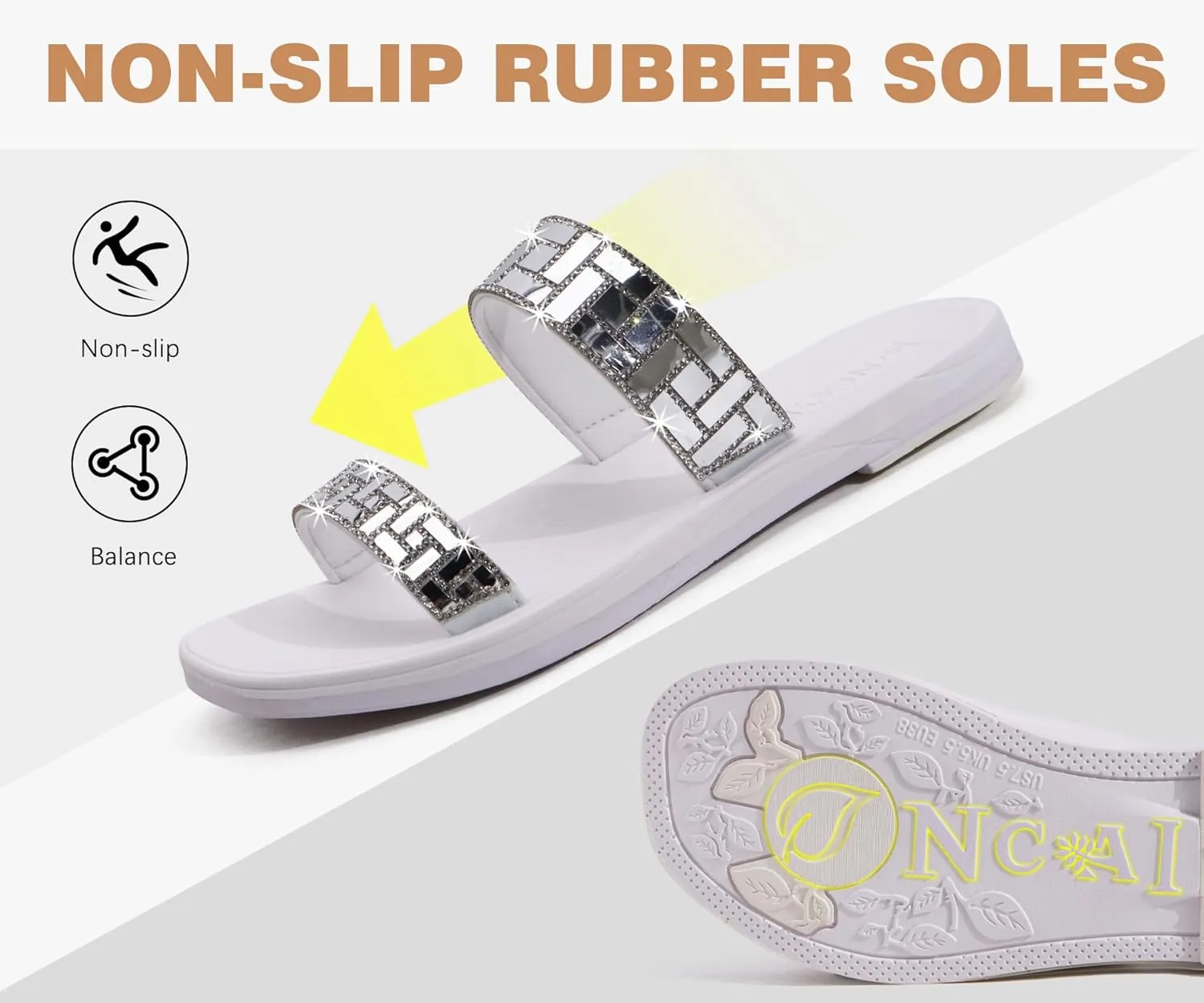 ONCAI Rhinestones Slide Sandals for Women with Glittery Trendy Square Open Toe Summer Flat Sparkly Dressy Sandals with Slip-on Rubber Soles
