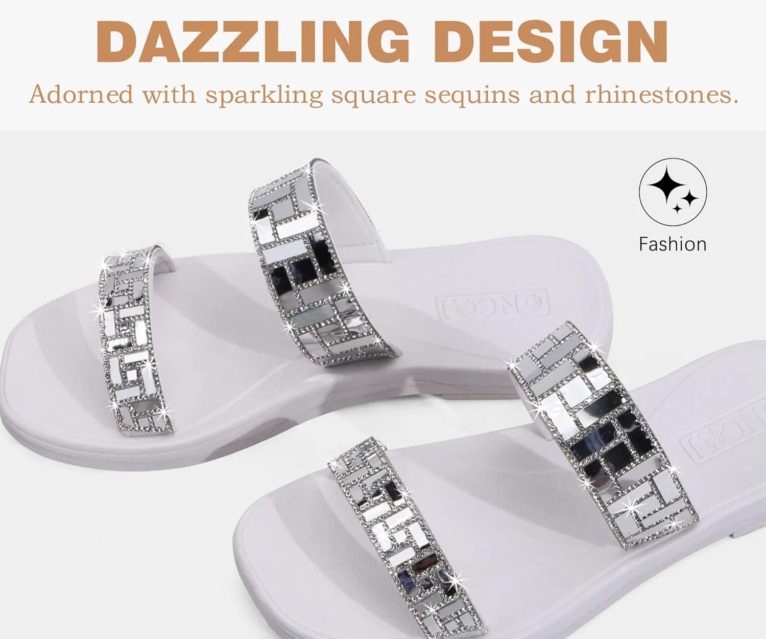 ONCAI Rhinestones Slide Sandals for Women with Glittery Trendy Square Open Toe Summer Flat Sparkly Dressy Sandals with Slip-on Rubber Soles