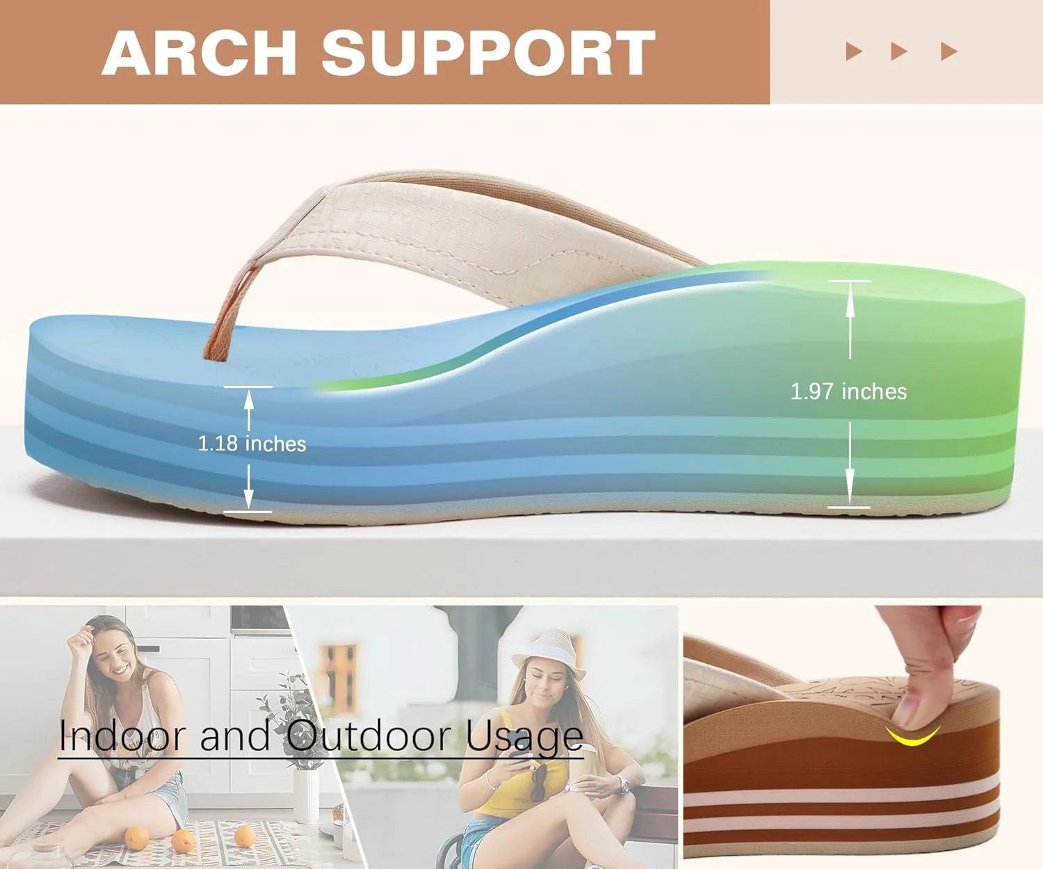 ONCAI Women’s Platform Flip Flops Trendy Dressy Womans Summer Sandals with Comfortable Flatform Arch Support Walking Outdoor Rubber Soles (US Size 5-11)