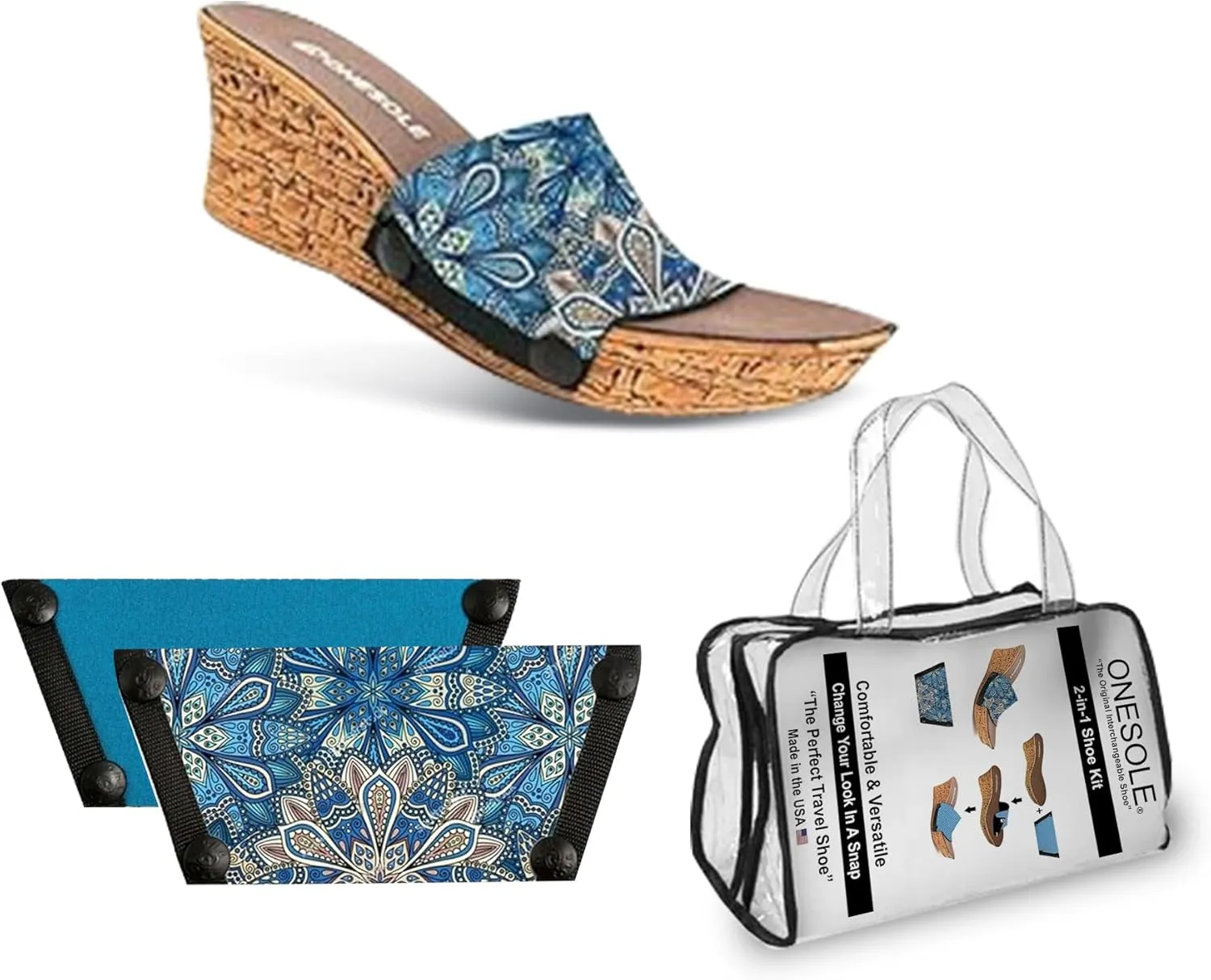 Onesole Casual Cork Travel Shoe Kit, Interchangeable Faux Cork Wedges, Pair of Blue Flower Print Interchangeable Neoprene Tops, and Dusky Blue, Tops for Women's Wedge Sandals, (Size 7)