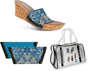 Onesole Casual Cork Travel Shoe Kit, Interchangeable Faux Cork Wedges, Pair of Blue Flower Print Interchangeable Neoprene Tops, and Dusky Blue, Tops for Women's Wedge Sandals, (Size 7)