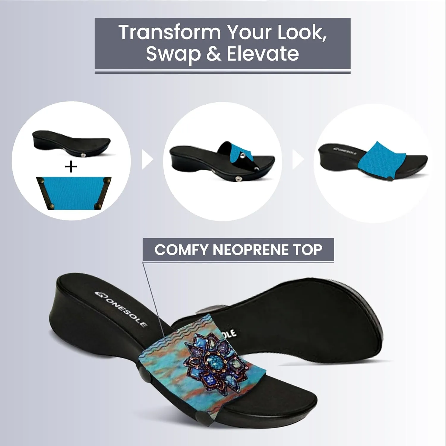 Onesole Leisure Denim Burst Shoe Kit, interchangeable Denim Burst and Solid Denim Blue tops and Clear Travel Bag, Tops for women's wedge Sandals 1 1/2" heel, As Seen on Shark Tank