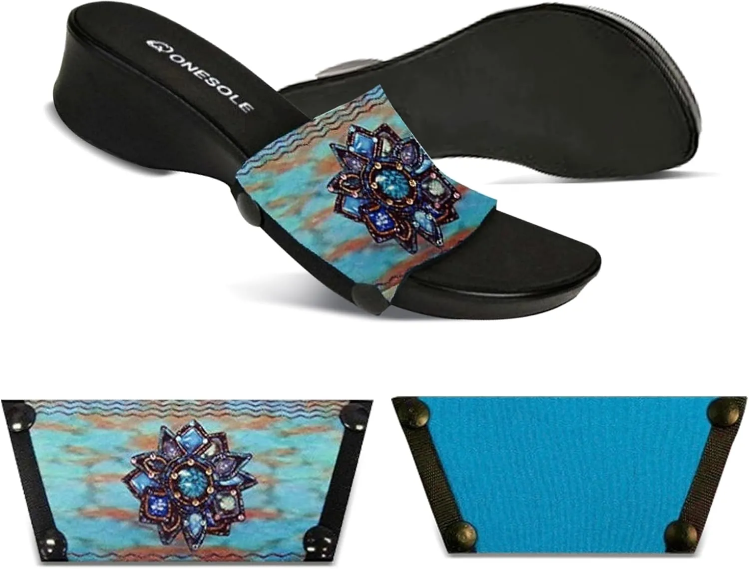 Onesole Leisure Denim Burst Shoe Kit, interchangeable Denim Burst and Solid Denim Blue tops and Clear Travel Bag, Tops for women's wedge Sandals 1 1/2" heel, As Seen on Shark Tank