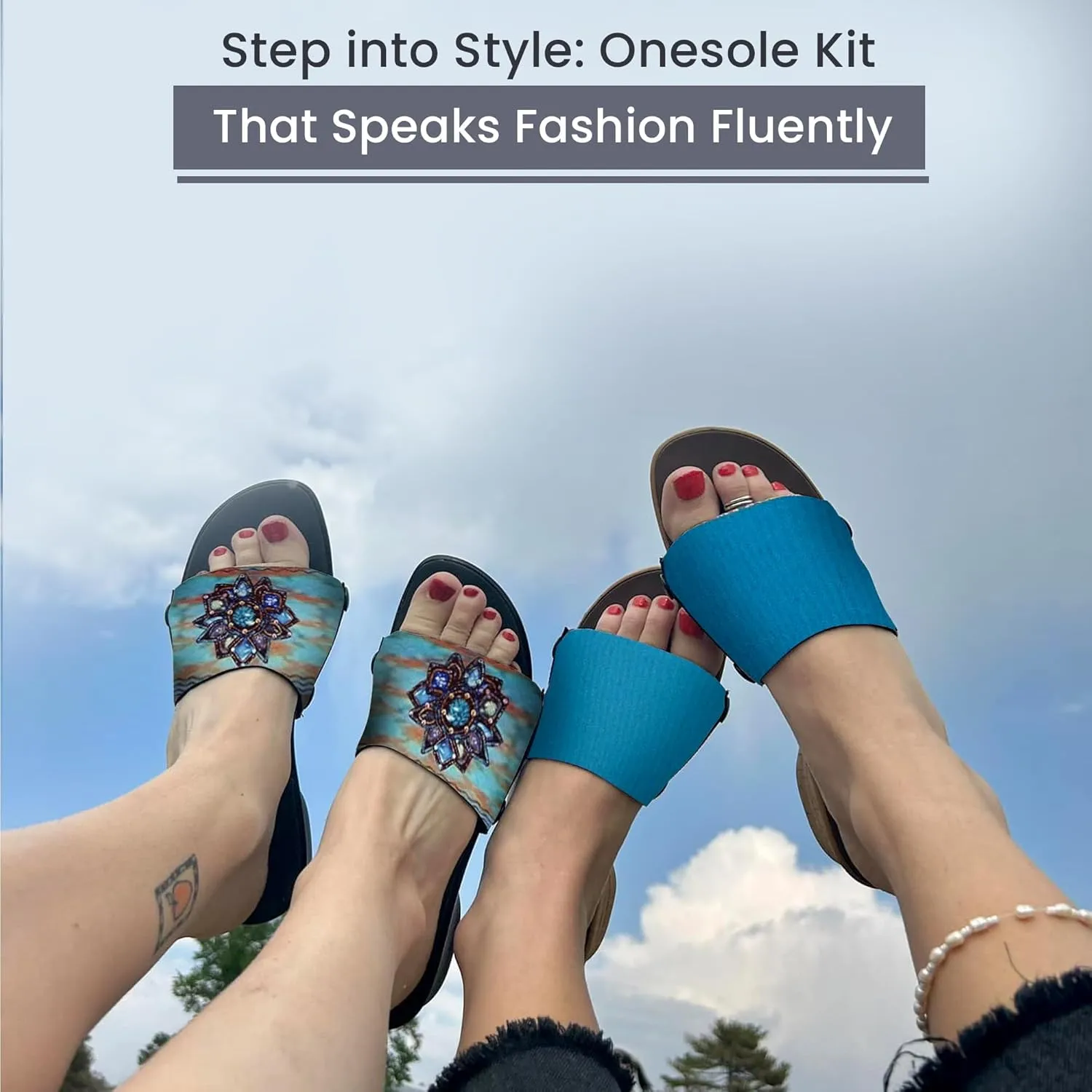 Onesole Leisure Denim Burst Shoe Kit, interchangeable Denim Burst and Solid Denim Blue tops and Clear Travel Bag, Tops for women's wedge Sandals 1 1/2" heel, As Seen on Shark Tank