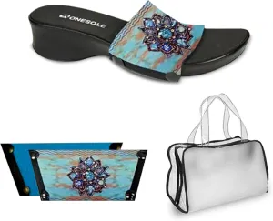 Onesole Leisure Denim Burst Shoe Kit, interchangeable Denim Burst and Solid Dusky Blue tops and Clear Travel Bag, Tops for women's wedge Sandals 1 1/2" heel, As Seen on Shark Tank (Size 9)