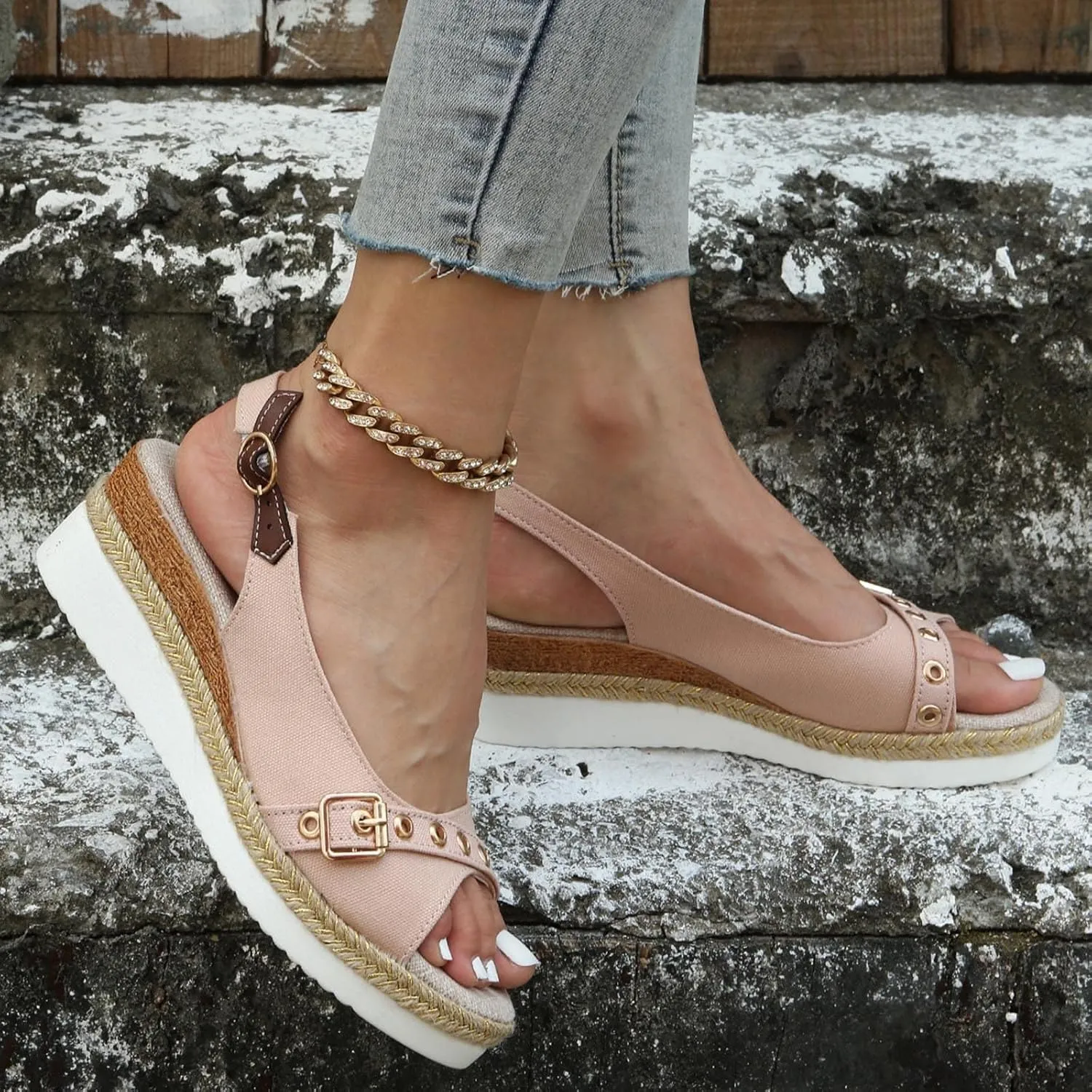 Orthopedic Wedge Sandals for Women Arch Support Trendy Summer Y2K Solid Buckle Cute Dressy Peep Toe Thick Sole Beach Dress Platform Ankle Strap Open Flip Flops Shoes Slip on Walking Silppers