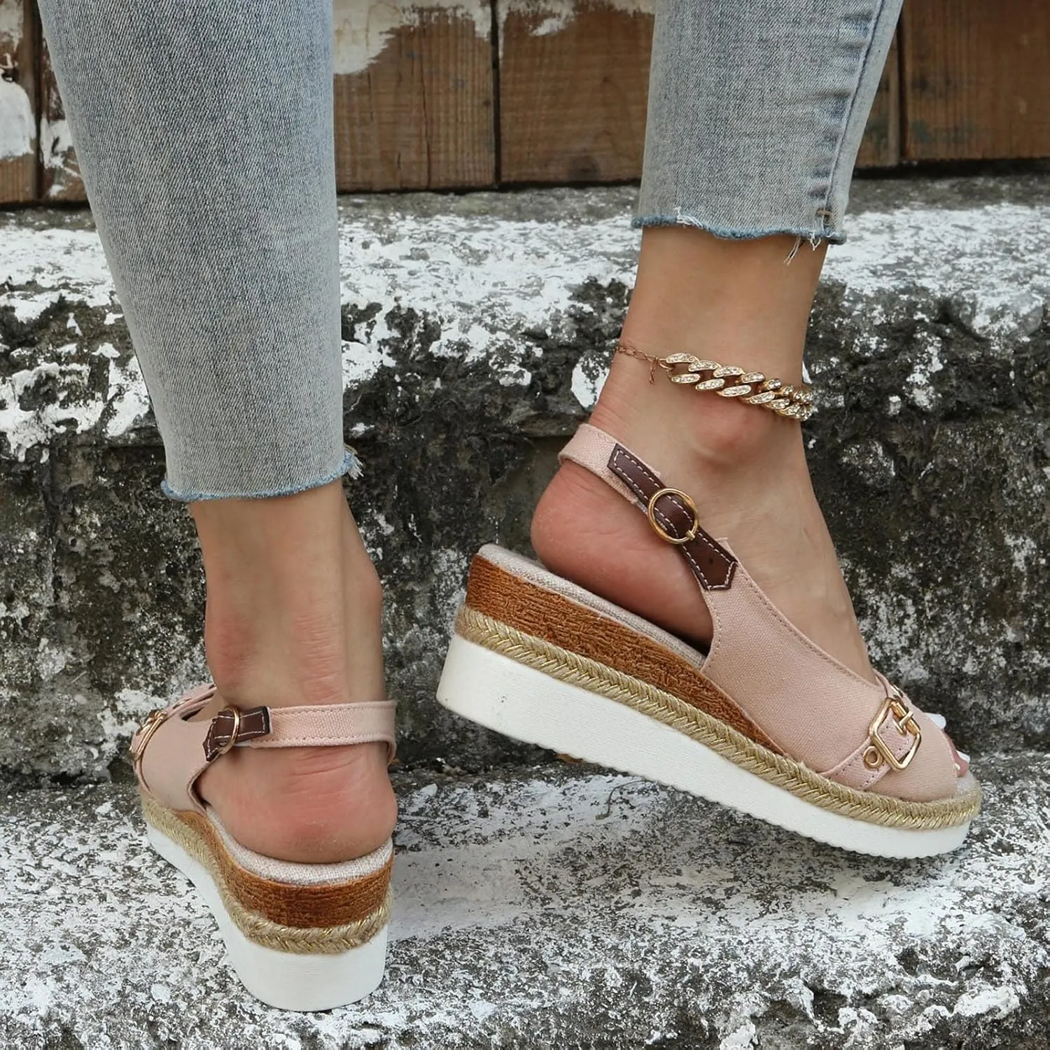 Orthopedic Wedge Sandals for Women Arch Support Trendy Summer Y2K Solid Buckle Cute Dressy Peep Toe Thick Sole Beach Dress Platform Ankle Strap Open Flip Flops Shoes Slip on Walking Silppers