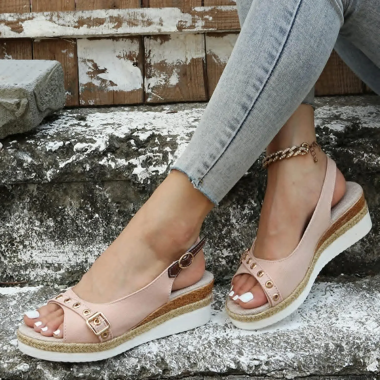 Orthopedic Wedge Sandals for Women Arch Support Trendy Summer Y2K Solid Buckle Cute Dressy Peep Toe Thick Sole Beach Dress Platform Ankle Strap Open Flip Flops Shoes Slip on Walking Silppers