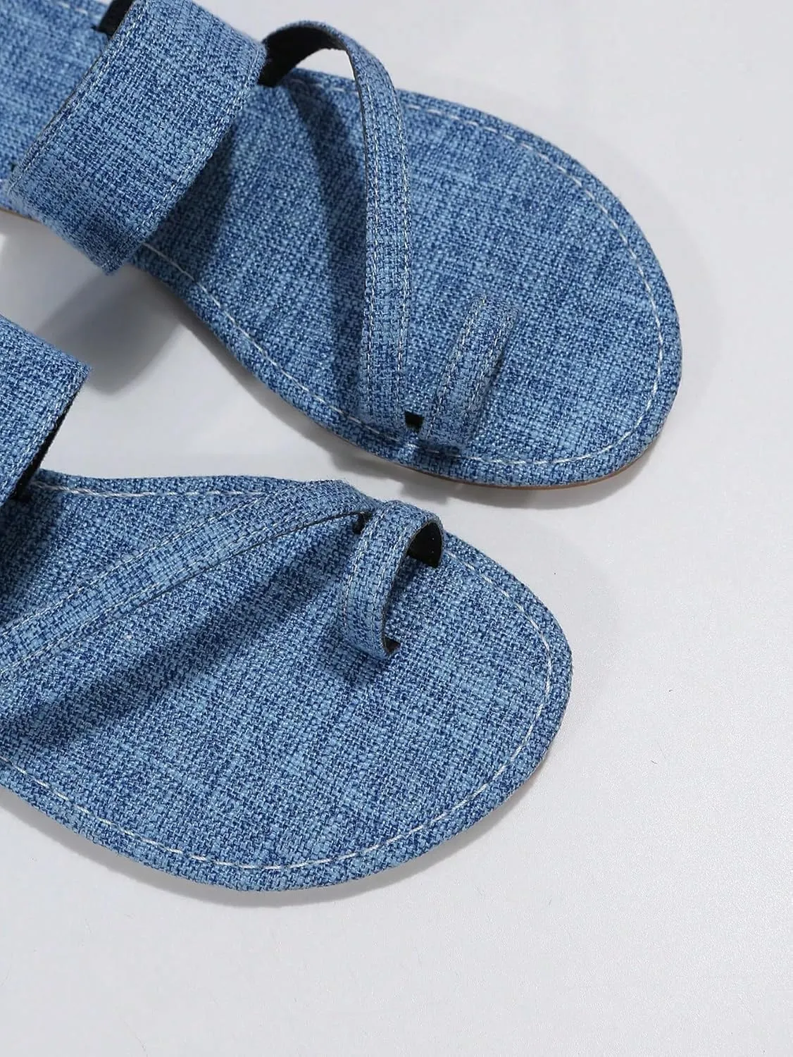 OYOANGLE Women's Demin Toe Ring Flat Sandals Strappy Casual Trendy Outdoor Slippers Summer Slip On