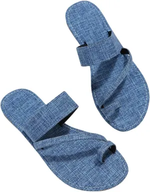OYOANGLE Women's Demin Toe Ring Flat Sandals Strappy Casual Trendy Outdoor Slippers Summer Slip On