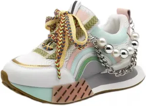 Pearl Chain Beaded Sneakers Breathable Mesh Colorblock Stylish Platform Non Slip Lace Up Shoes for Casual Streetwear Walking with Unique
