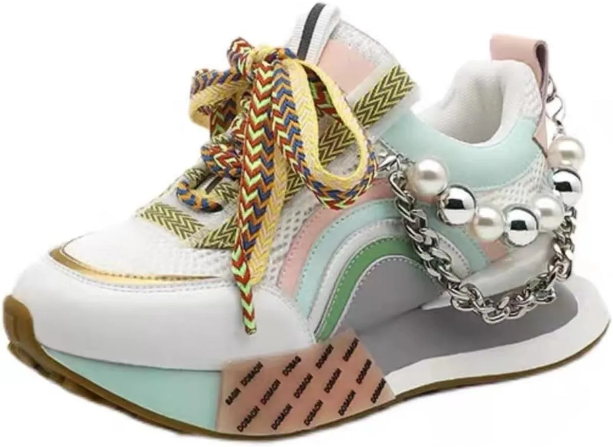 Pearl Chain Beaded Sneakers Breathable Mesh Colorblock Stylish Platform Non Slip Lace Up Shoes for Casual Streetwear Walking with Unique