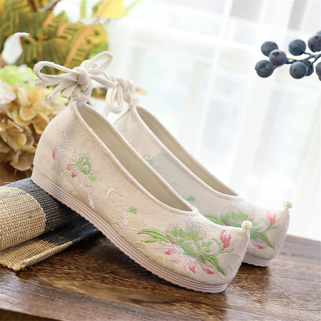 Pearl Pointed Toe Women Cotton Fabric Flat Shoes Handmade Traditional Chinese Embroidered Platform Shoes For Ladies