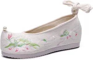 Pearl Pointed Toe Women Cotton Fabric Flat Shoes Handmade Traditional Chinese Embroidered Platform Shoes For Ladies