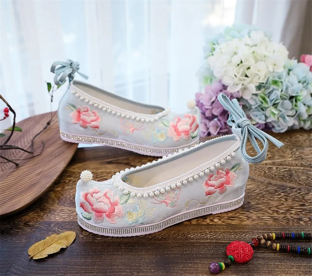 Pearls Knitted Women Velvet Cotton Embroidered Hidden Platform Shoes Ankle Strap Ladies Casual Sneakers
