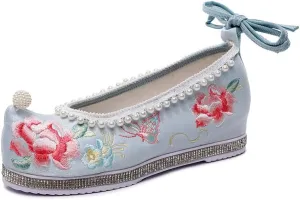 Pearls Knitted Women Velvet Cotton Embroidered Hidden Platform Shoes Ankle Strap Ladies Casual Sneakers