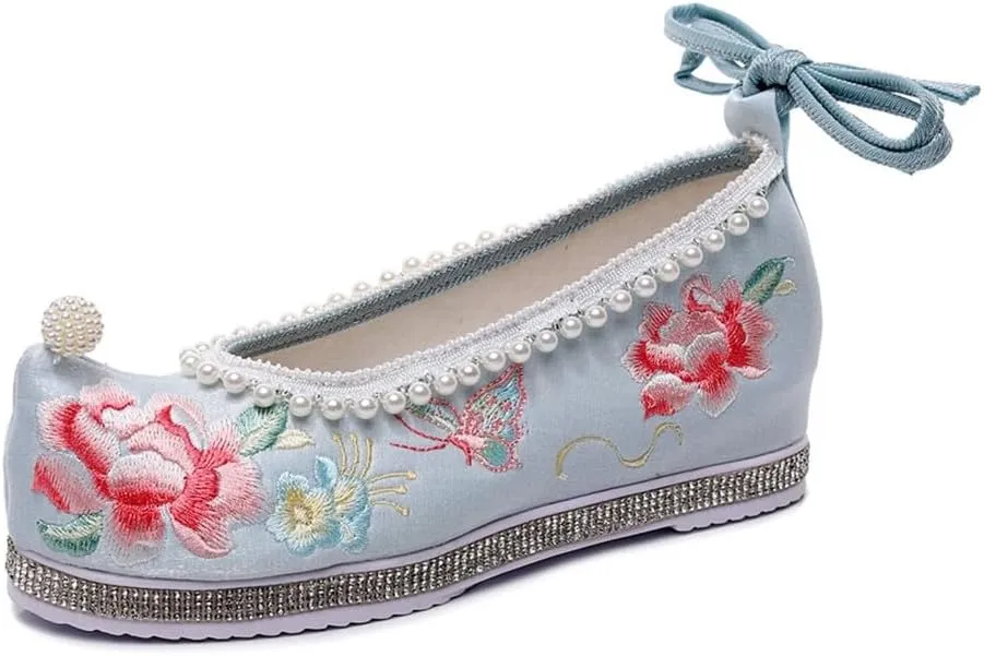 Pearls Knitted Women Velvet Cotton Embroidered Hidden Platform Shoes Ankle Strap Ladies Casual Sneakers
