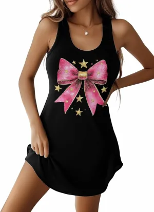 Pink Bow Tank Dress for Women, Gold Star Round Neck Sleeveless Mini Dress Summer Vacation Sundress, Black L