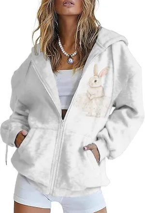 Plus Size Spring Sweatshirts for Women 2025 Easter Hoodie Bunny Egg Print Long Sleeve Hooded Jacket with Pockets