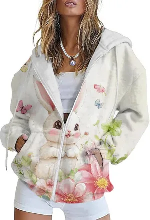 Plus Size Spring Sweatshirts for Women 2025 Easter Hoodie Bunny Egg Print Long Sleeve Hooded Jacket with Pockets