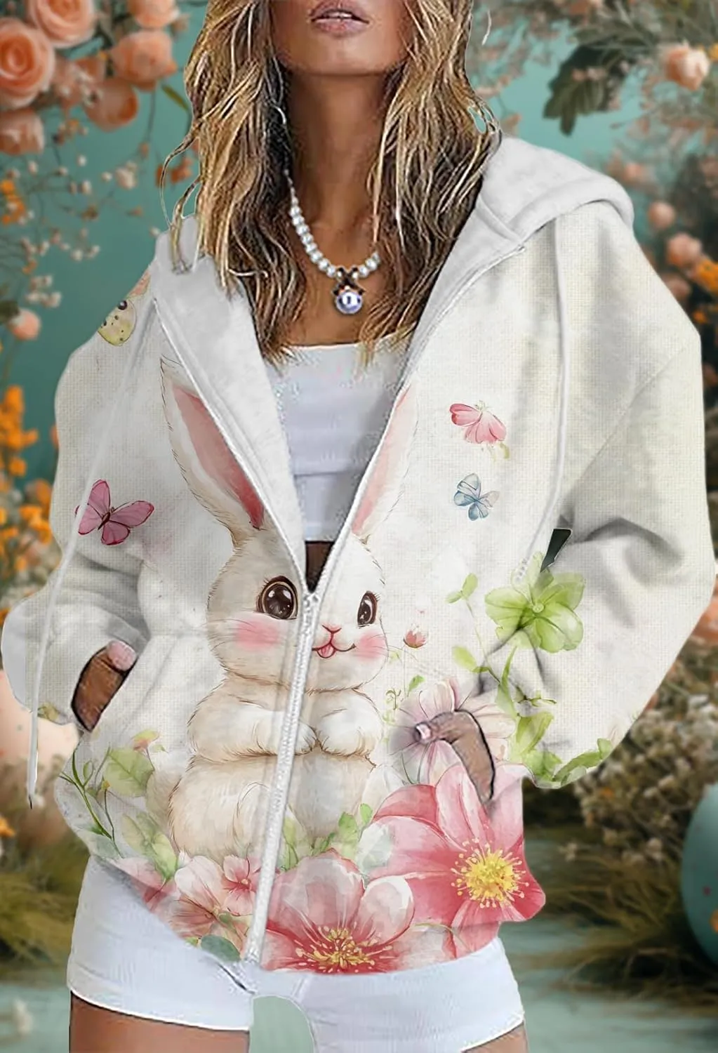 Plus Size Spring Sweatshirts for Women 2025 Easter Hoodie Bunny Egg Print Long Sleeve Hooded Jacket with Pockets
