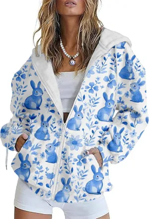 Plus Size Spring Sweatshirts for Women 2025 Easter Hoodie Bunny Egg Print Long Sleeve Hooded Jacket with Pockets