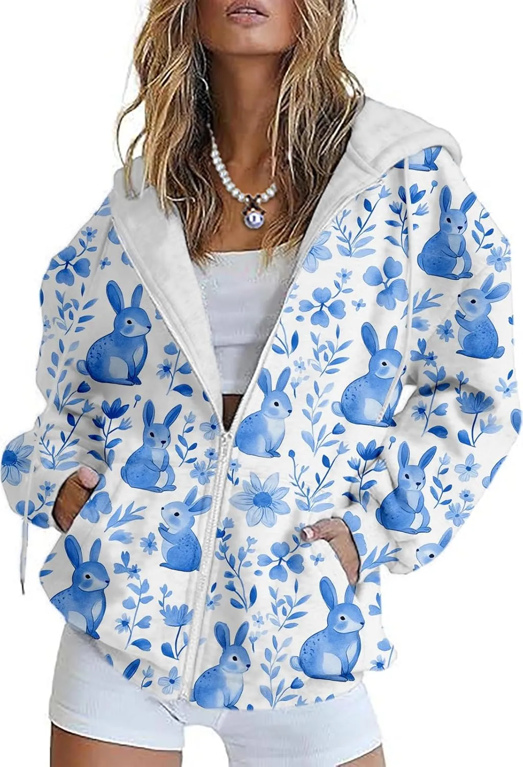 Plus Size Spring Sweatshirts for Women 2025 Easter Hoodie Bunny Egg Print Long Sleeve Hooded Jacket with Pockets