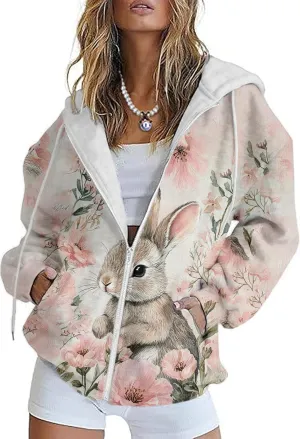 Plus Size Spring Sweatshirts for Women 2025 Easter Hoodie Bunny Egg Print Long Sleeve Hooded Jacket with Pockets