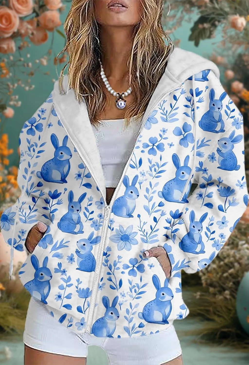 Plus Size Spring Sweatshirts for Women 2025 Easter Hoodie Bunny Egg Print Long Sleeve Hooded Jacket with Pockets