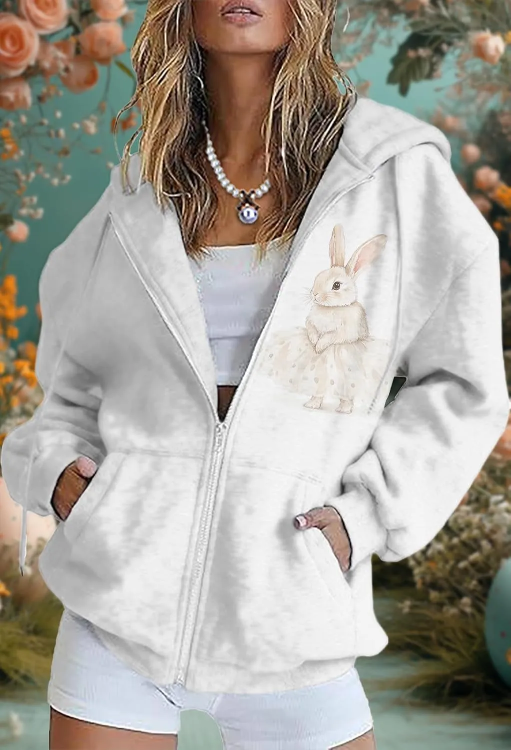 Plus Size Spring Sweatshirts for Women 2025 Easter Hoodie Bunny Egg Print Long Sleeve Hooded Jacket with Pockets