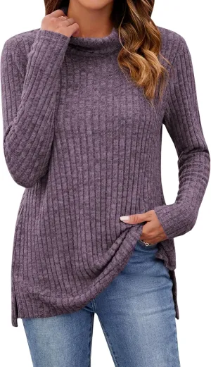 Poetsky Womens Turtleneck Tunic Sweaters to Wear with Leggings 2024 Side Split Fall Long Sleeve Tunic Tops