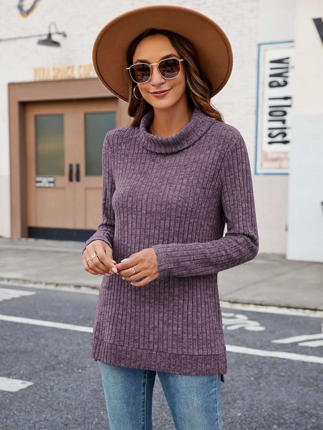 Poetsky Womens Turtleneck Tunic Sweaters to Wear with Leggings 2024 Side Split Fall Long Sleeve Tunic Tops