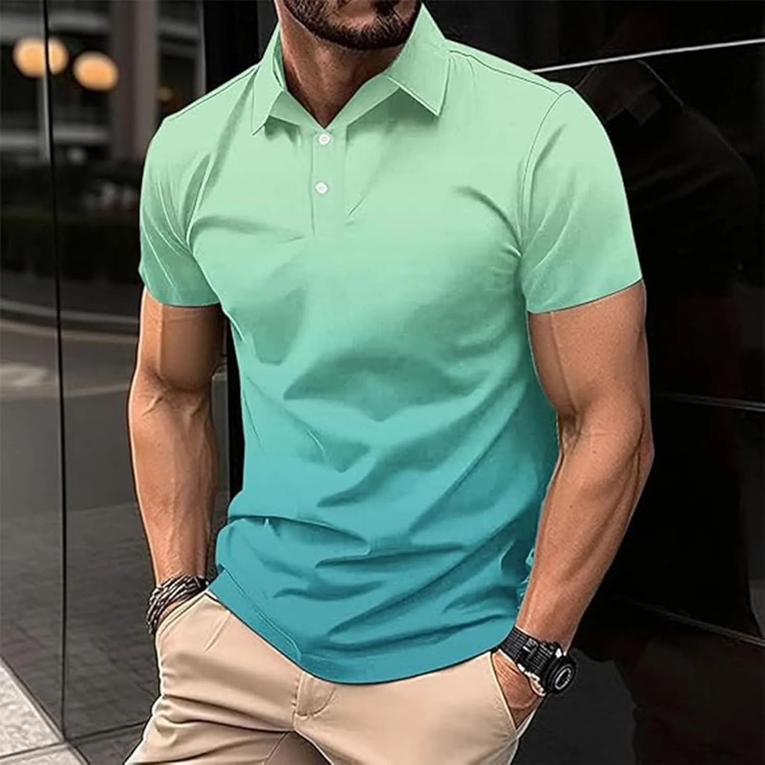 Polo Shirts for Men Short Sleeve Button Down Collar Gradient Color Golf Tees Casual Business Work Summer Tennis Tops