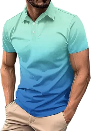 Polo Shirts for Men Short Sleeve Button Down Collar Gradient Color Golf Tees Casual Business Work Summer Tennis Tops
