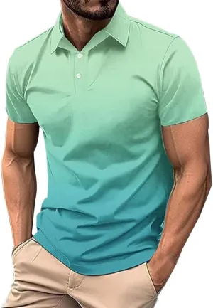 Polo Shirts for Men Short Sleeve Button Down Collar Gradient Color Golf Tees Casual Business Work Summer Tennis Tops
