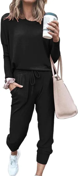PRETTYGARDEN Women's Spring Fall 2 Piece Lounge Outfit Long Sleeve Crewneck Pullover Tops High Waisted Pants Set Tracksuit