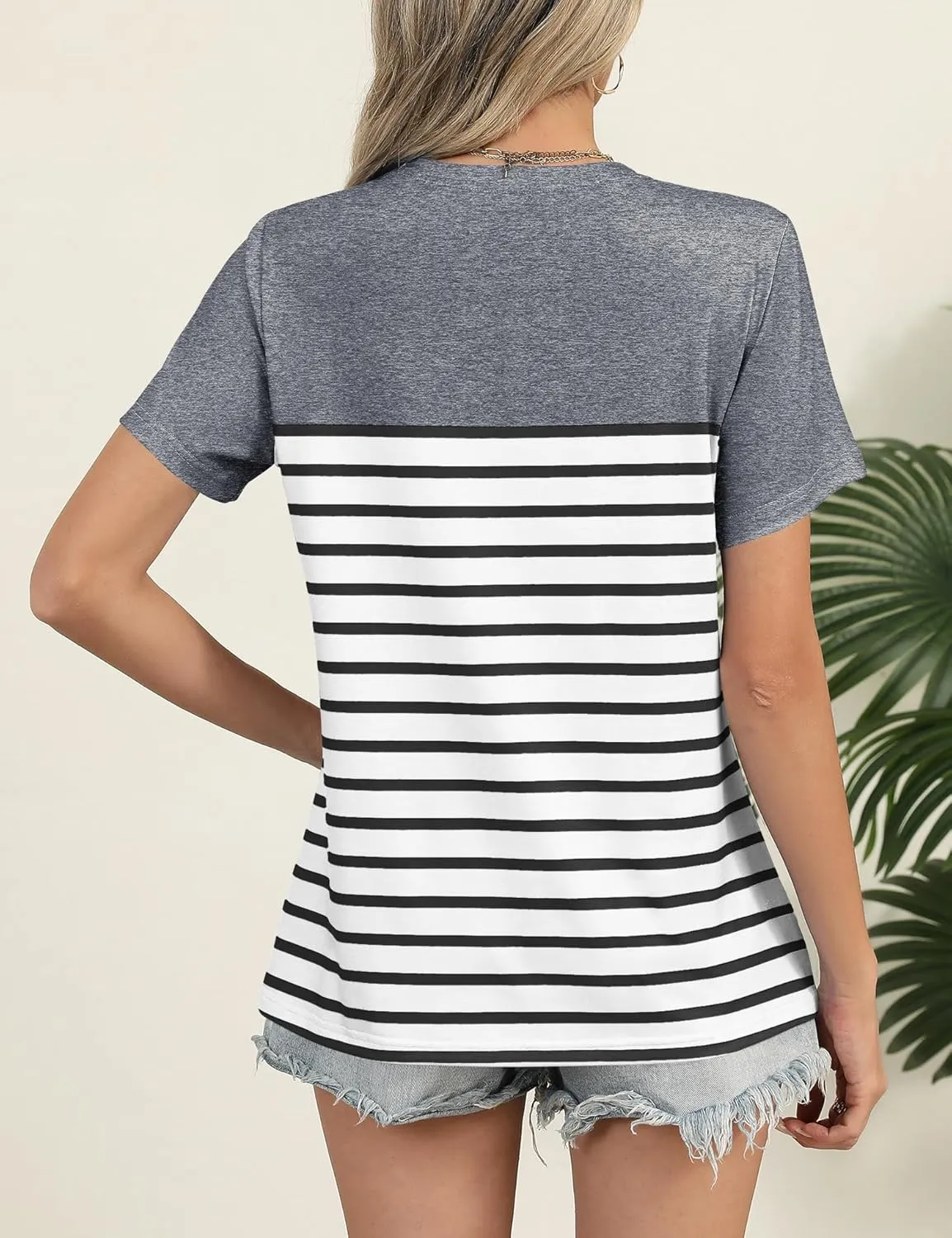 Rapbin Womens Summer Tops 2025 Dressy Casual Short Sleeve Crewneck T Shirts Trendy Striped Button Decor Tunic Blouse