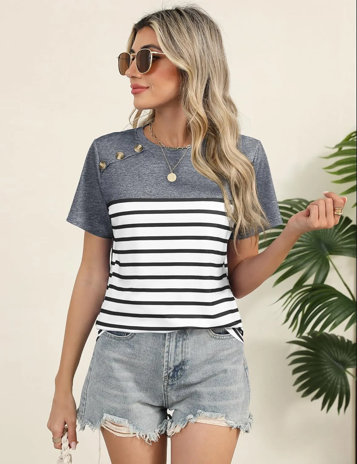 Rapbin Womens Summer Tops 2025 Dressy Casual Short Sleeve Crewneck T Shirts Trendy Striped Button Decor Tunic Blouse