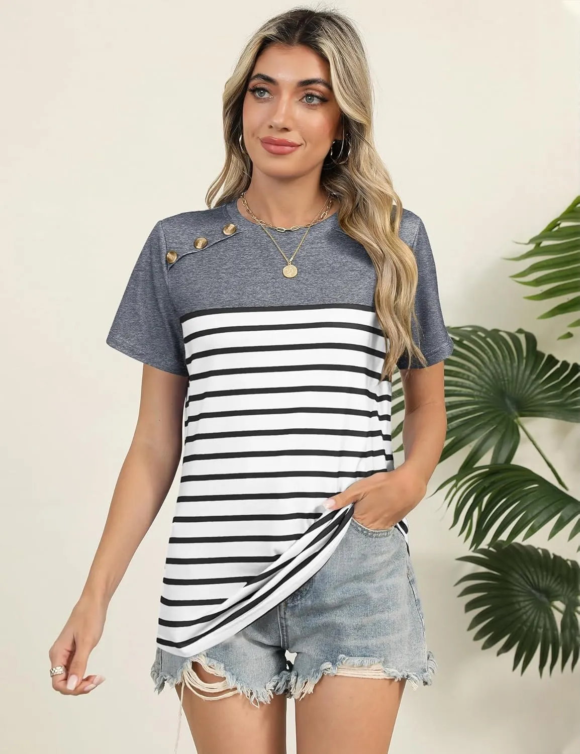 Rapbin Womens Summer Tops 2025 Dressy Casual Short Sleeve Crewneck T Shirts Trendy Striped Button Decor Tunic Blouse