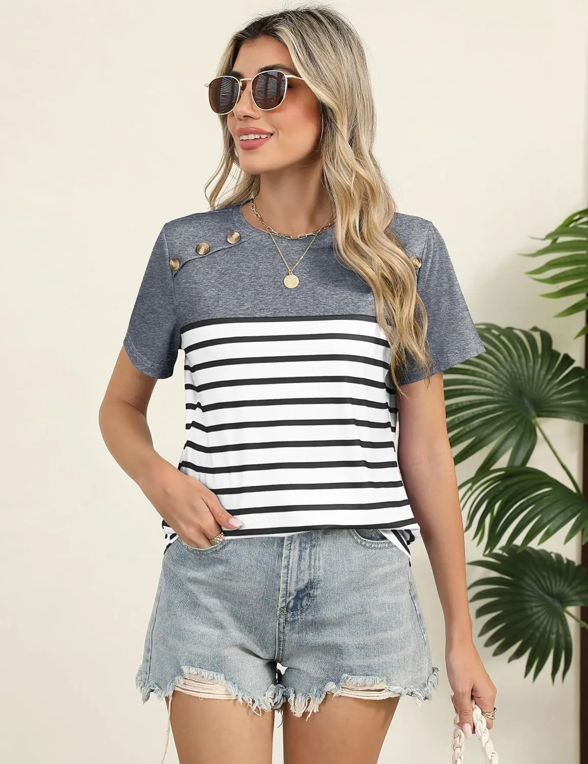 Rapbin Womens Summer Tops 2025 Dressy Casual Short Sleeve Crewneck T Shirts Trendy Striped Button Decor Tunic Blouse