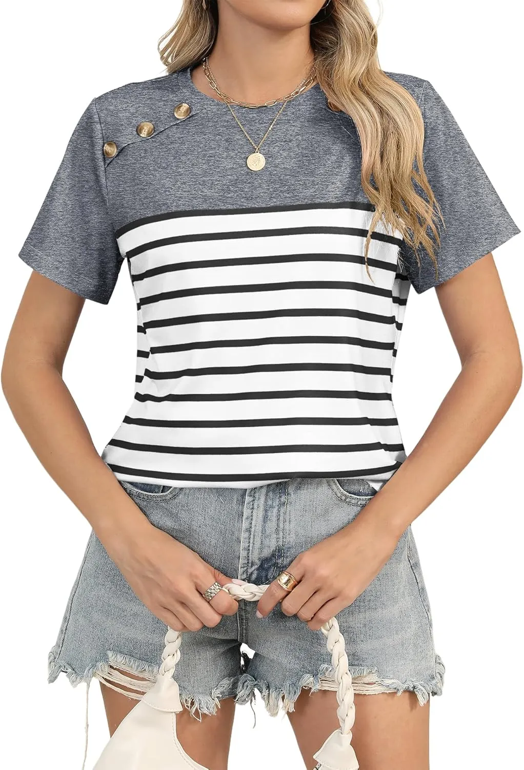 Rapbin Womens Summer Tops 2025 Dressy Casual Short Sleeve Crewneck T Shirts Trendy Striped Button Decor Tunic Blouse