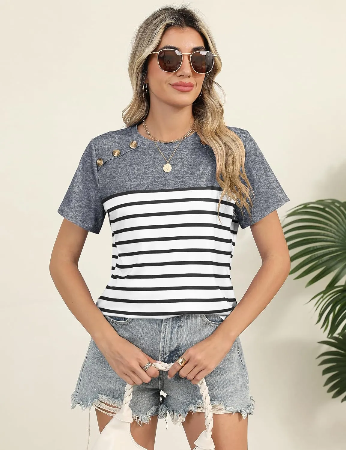 Rapbin Womens Summer Tops 2025 Dressy Casual Short Sleeve Crewneck T Shirts Trendy Striped Button Decor Tunic Blouse