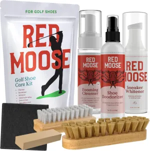 RED MOOSE 7 Piece Golf Shoe Cleaning Kit with White Sneaker Cleaner (Whitener), Foaming Shoe Cleaner, Deodorizer, Stain Eraser, Microfiber Cloth, 2 Brushes & Storage Bag - Golf Gifts for Men & Women