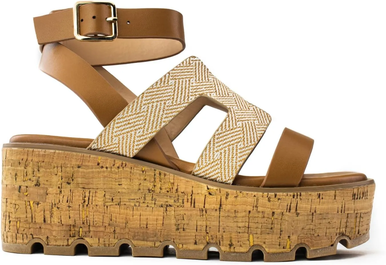 RF ROOM OF FASHION Women's Trendy Cutout Band Ankle Buckle Strap Cork Platform Wedge Sandals