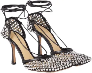 Richealnana Women's Rhinestones Net Square Toe Mesh Lace Up Strappy Sexy Sandals