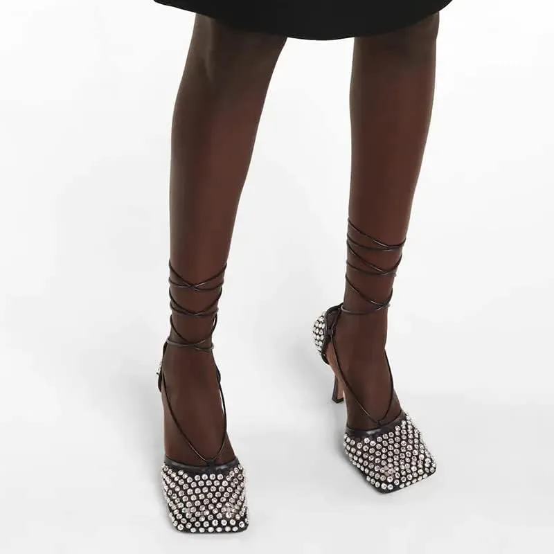 Richealnana Women's Rhinestones Net Square Toe Mesh Lace Up Strappy Sexy Sandals
