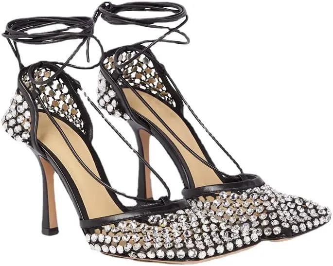 Richealnana Women's Rhinestones Net Square Toe Mesh Lace Up Strappy Sexy Sandals