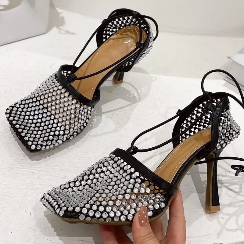 Richealnana Women's Rhinestones Net Square Toe Mesh Lace Up Strappy Sexy Sandals