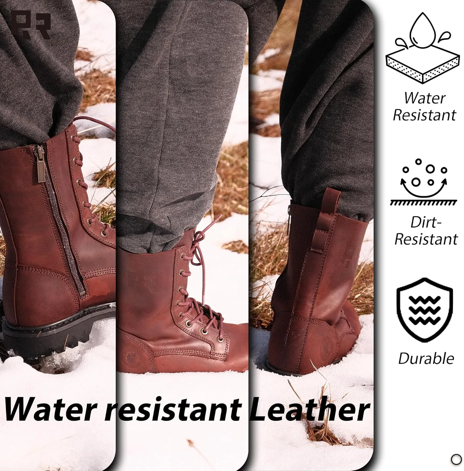 ROCKROOSTER SAP130 Mantua 8" Zipper Motorcycle Boots Combat Casual Dress Boots - Soft Toe Oiled Crazy Horse Leather Work Boots with Slip-Resistant Rubber Sole (Medium Width)